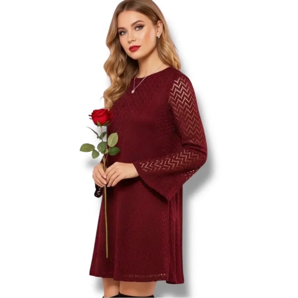 Dark Red Chevron Long Bell Sleeve Mini Dress NWT